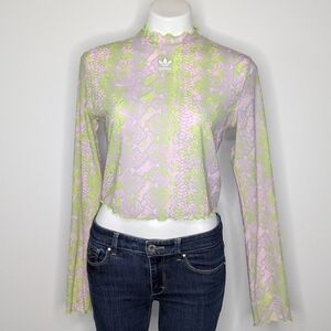 Adidas Pink Green Sheer Mesh Snakeskin Print Long Sleeve Crop Top M
